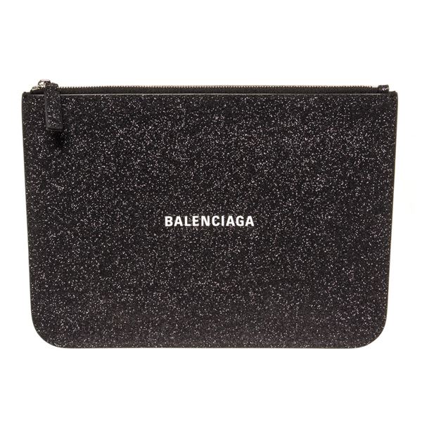 Balenciaga Black Glitter Leather Logo-Print Zipped Clutch