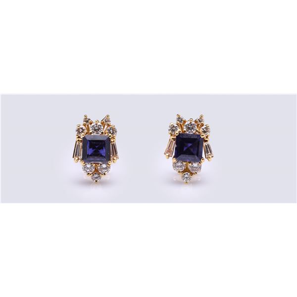 Pair of 18K Yellow Gold Iolite & Diamond Earrings