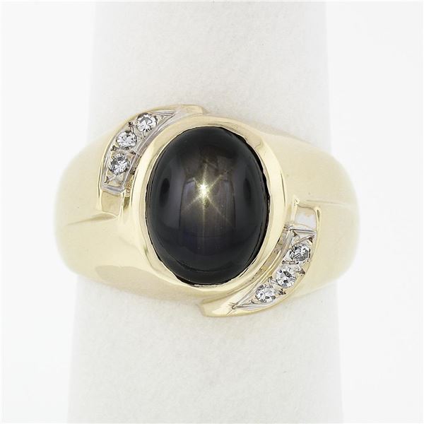 Men's Vintage 14K Gold Oval Cabochon Brown Star Sapphire & Diamond Cocktail Ring