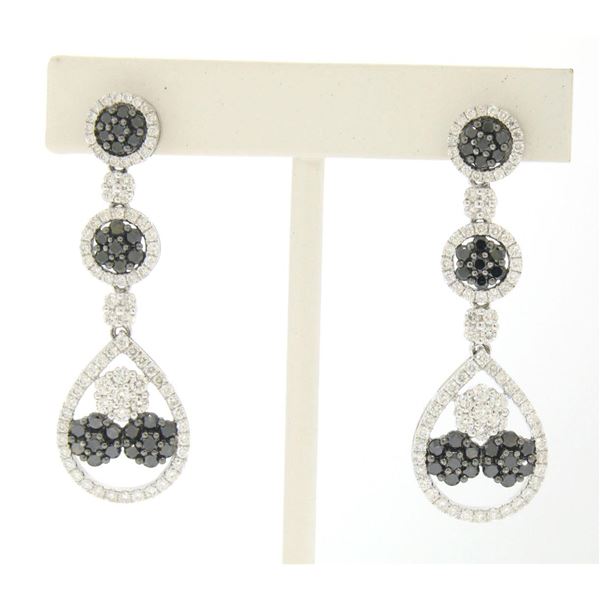 NEW 14k White Gold 3.74 ctw White and Black Diamond Long Dangle Drop Earrings