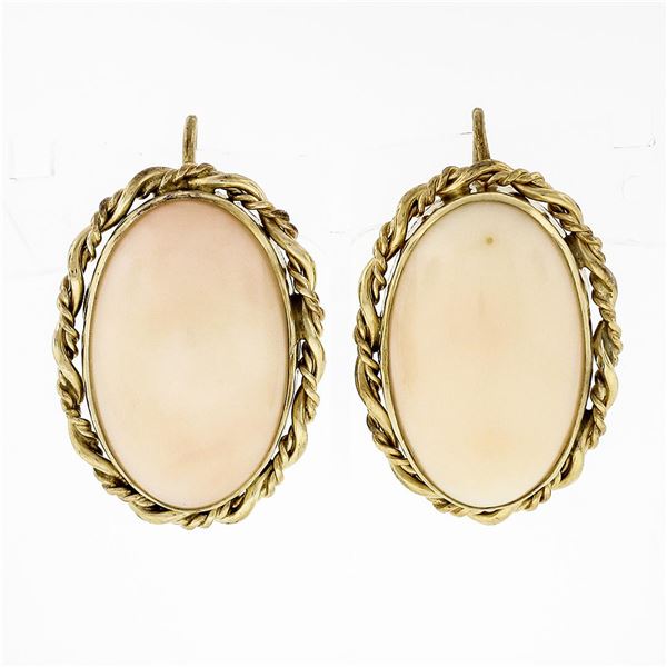 Vintage 14k Gold Oval Cabochon Pink Angel Skin Coral Twisted Frame Drop Earrings