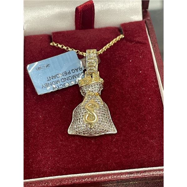 10KT Yellow Gold money bag pendant+chain with 60pt Diamond - 6.8 grams retail $1,900