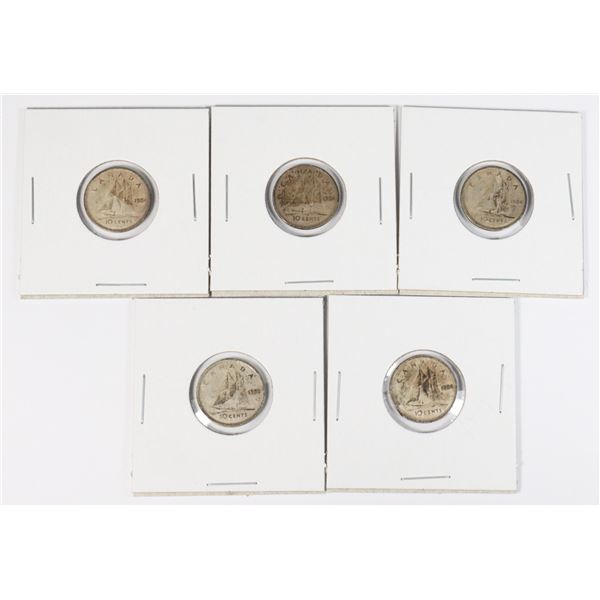 #54 LOT OF 5 1954 10 CENTS DIME SILVER COIN CANADA