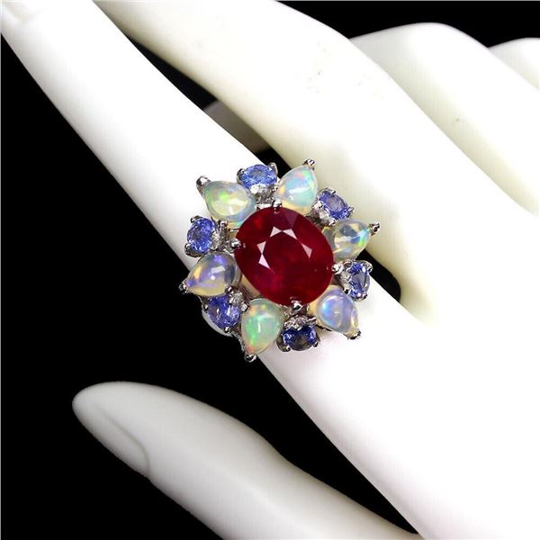 Natural Red Ruby Ethopian White Opal & Tanzanite Ring