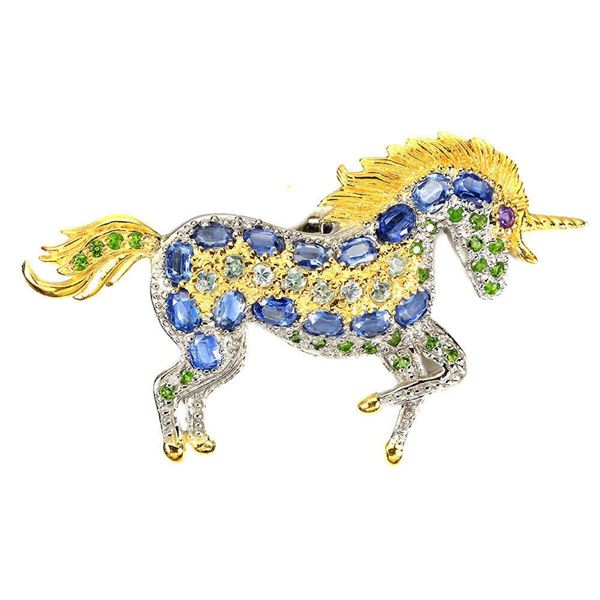 Natural Kyanite Chrome Diopside Unicorn Brooch