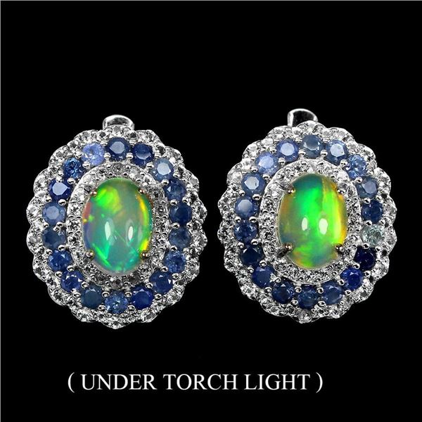 Natural Ethopian White Opal & Blue Sapphire Earrings