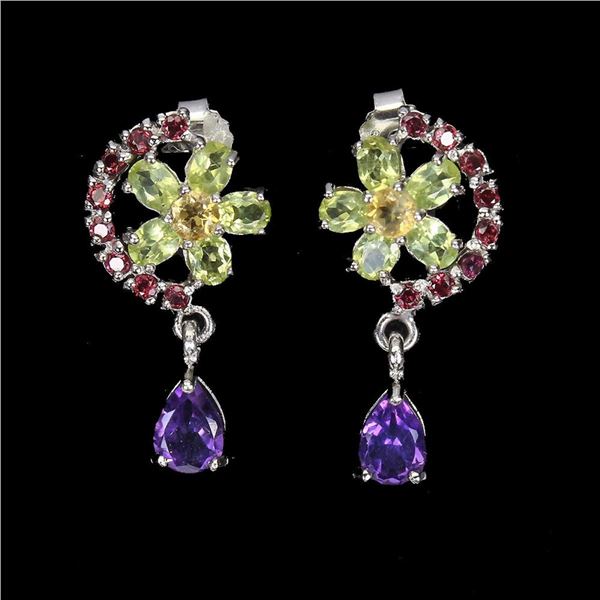 Natural Amethyst  Peridot Sapphire Earrings