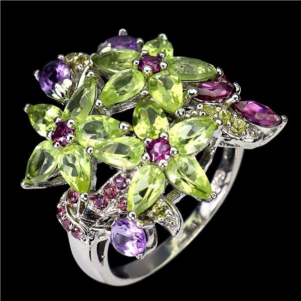 Natural Peridot  Amethyst Sapphire Ring