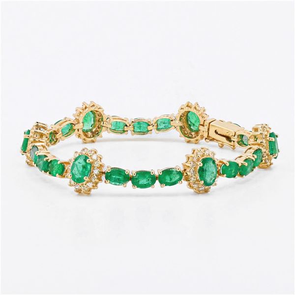 12.17 ctw Emerald and 1.42 ctw Diamond 14K Yellow Gold Bracelet