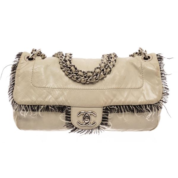 Chanel Light Grey Lambskin Leather Fringe Flap Shoulder Bag