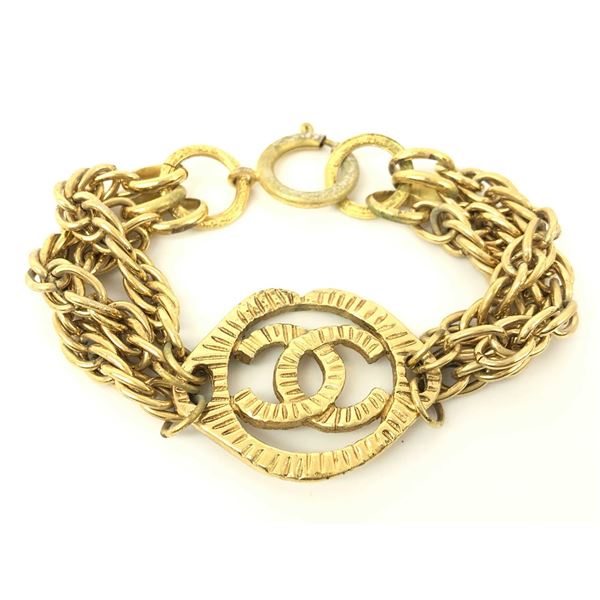 Chanel Gold-tone Metal CC Logo Charm Multi-chain Bracelet