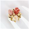 Image 3 : Vintage 14K Yellow Gold Carved Coral Rose Flower Bouquet Ribbon Cocktail Ring