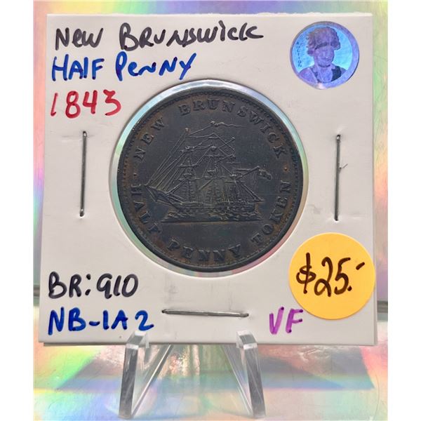 1843 new Brunswick half Penny VF BR:910, NB-1A2