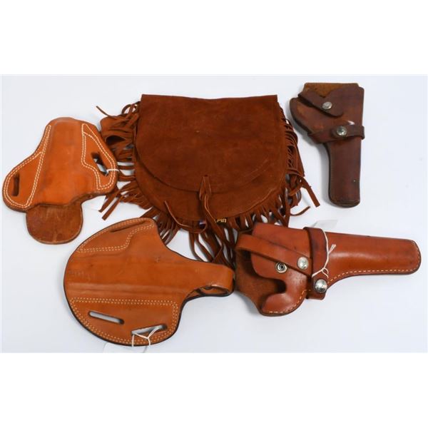 4 Leather Holsters & 1 Shoulder Pouch