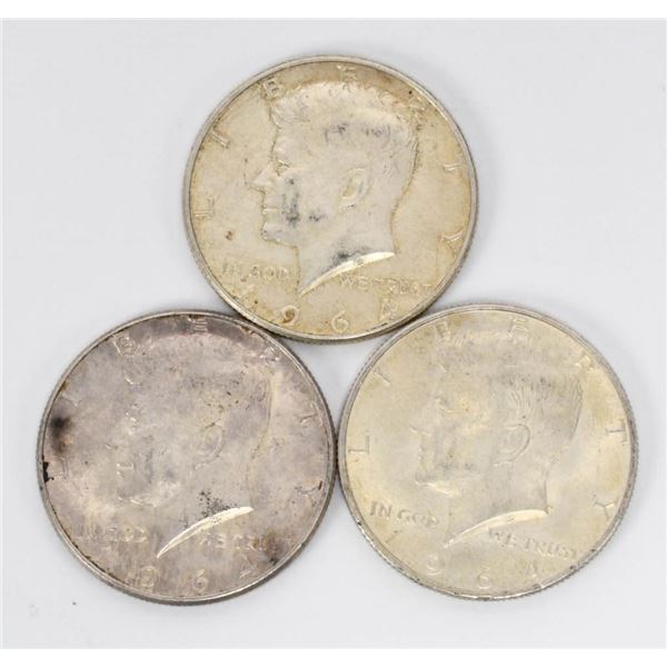 3 United States 1964 Half Dollar Coins