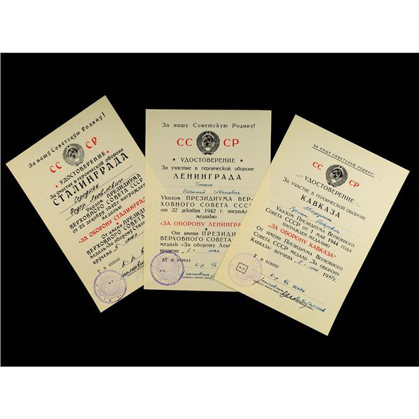 A GROUP OF 3 CITATIONS FOR THE DEFENSE OF RUSSIAN TERRITORY, WW2