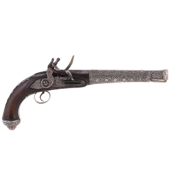 A MIDDLE EASTERN OTTOMAN SILVER-MOUNTED FLINTLOCK PISTOL, 19TH CEN.