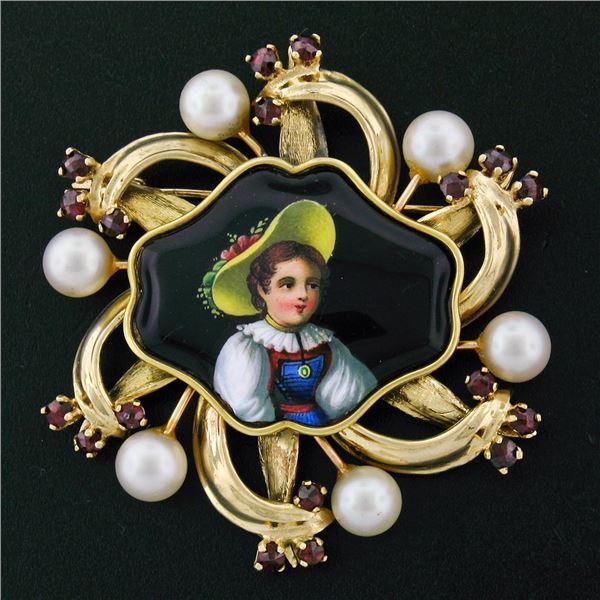 Vintage 14k Gold Hand Painted Portrait, Garnet, & Pearl Open Frame Brooch