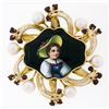 Image 3 : Vintage 14k Gold Hand Painted Portrait, Garnet, & Pearl Open Frame Brooch