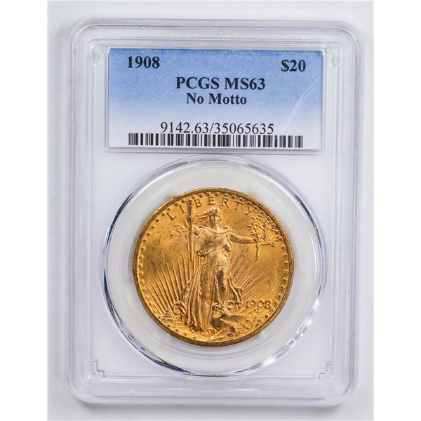 1908 $20 No Motto Double Eagle Gold Coin PCGS MS63