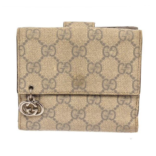 Gucci Beige Canvas Leather GG Suprme Compact Tab Wallet