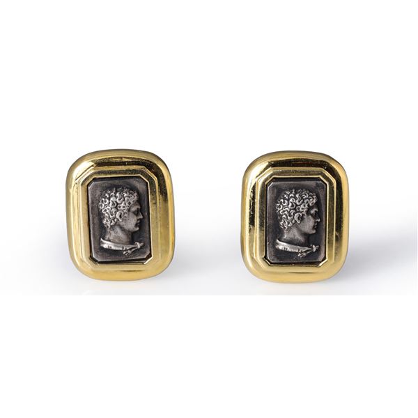 Pair of Heavy 18K Yellow Gold Earrings with Silver Inserts of Roman Emperor