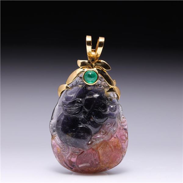 Chinese Carved Bicolor Tourmaline Pendant with 18k Yellow Gold & Emerald Mount