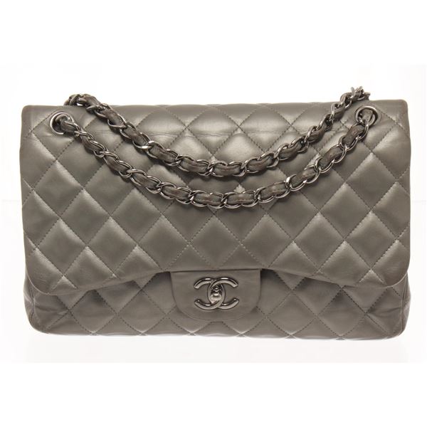 Chanel Grey Leather Large Double Flap Shoulder Bag