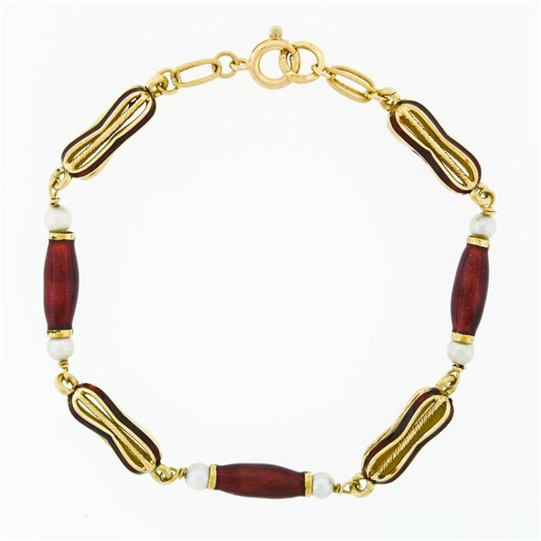 Italian Vintage 18K Yellow Gold Red Enamel & Pearl Detailed Fancy Link Bracelet