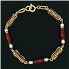 Image 2 : Italian Vintage 18K Yellow Gold Red Enamel & Pearl Detailed Fancy Link Bracelet