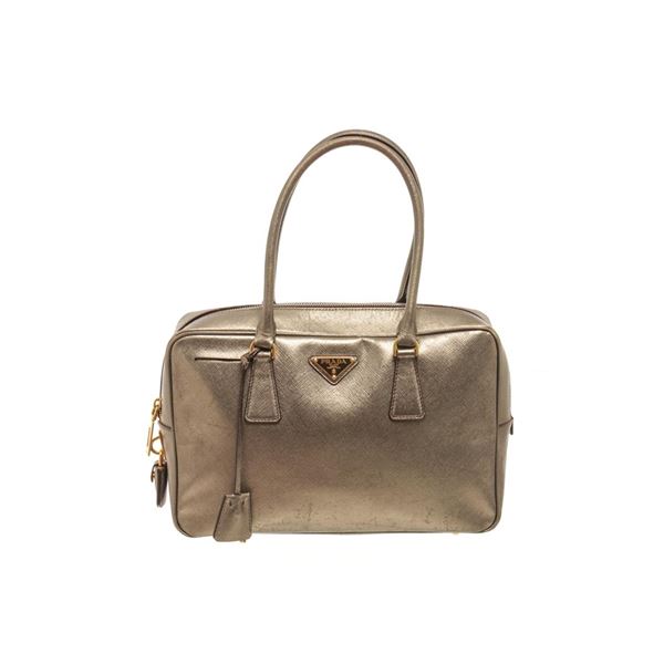 Prada Gold Saffiano Lux Leather Bauletto Satchel Bag