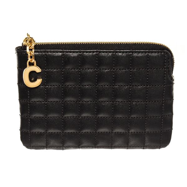 Celine Black Quilted Calfskin Leather C Charm Coin and Card Pouch