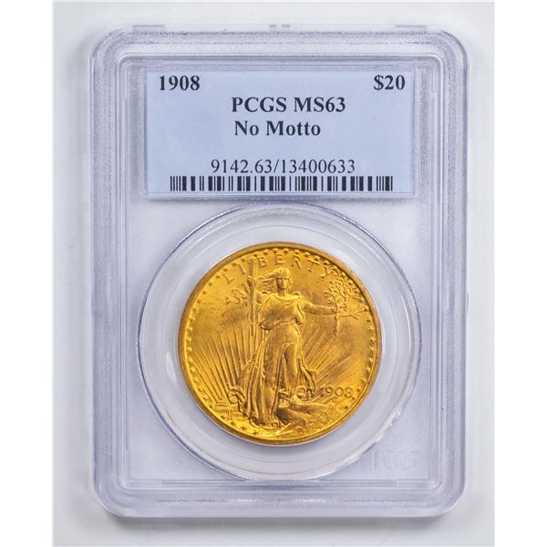 1908 $20 No Motto Double Eagle Gold Coin PCGS MS63