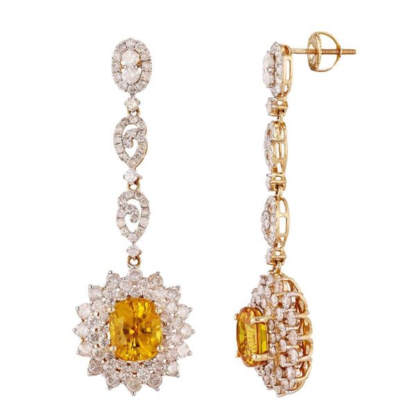 8.26 ctw Yellow Sapphire and 5.33 ctw Diamond 14K Yellow Gold Dangle Earrings