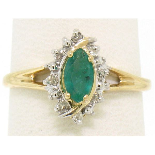 Petite 14k Yellow Gold .47 ctw Marquise Emerald Solitaire Round Diamond Halo Rin