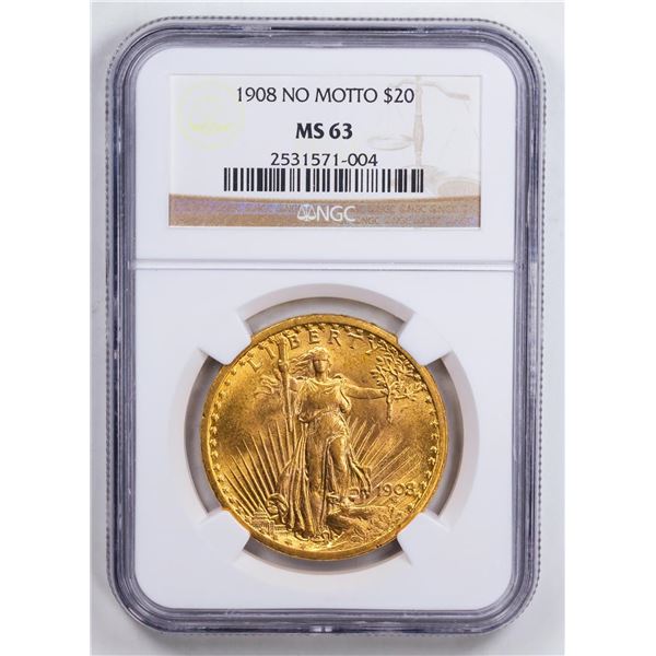 1908 $20 No Motto Double Eagle Gold Coin NGC MS63