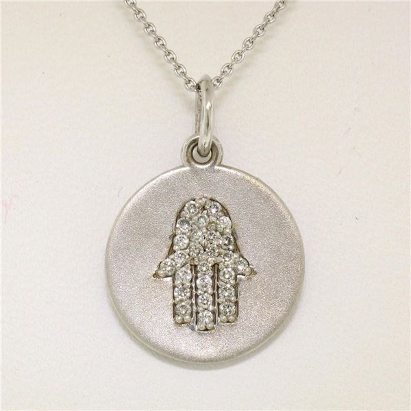 14K White Gold.18 ctw Diamond Hand of Fatima Hamsa Hand Disk Pendant w/16  Chain