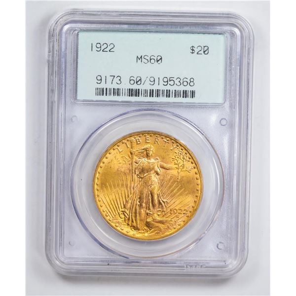 1922 $20 Double Eagle Gold Coin PCGS MS60