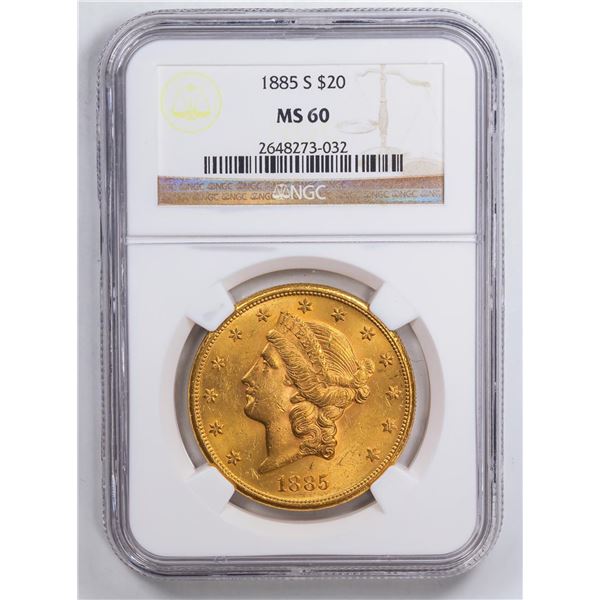 1885-S $20 Saint-Gaudens Double Eagle Gold Coin NGC MS60