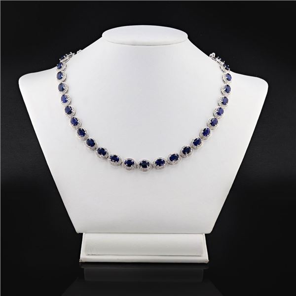 40.89 ctw Blue Sapphire and 6.02 ctw Diamond 14K White Gold Necklace