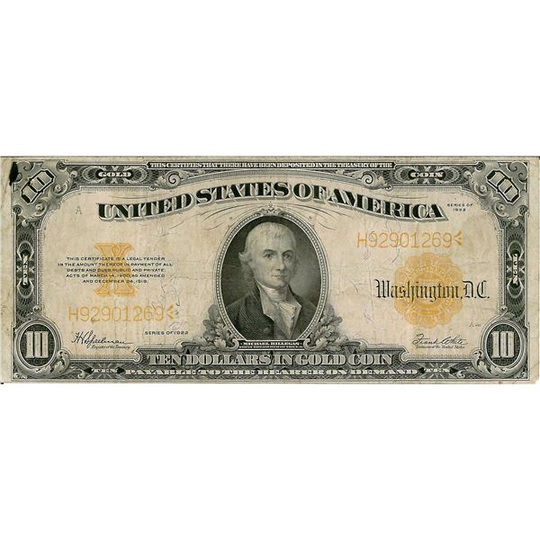 1922 $10 Gold Certificate Bank Note