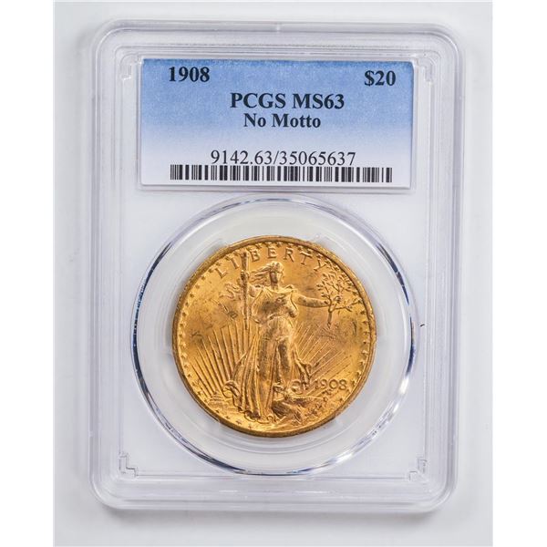 1908 $20 No Motto Double Eagle Gold Coin PCGS MS63