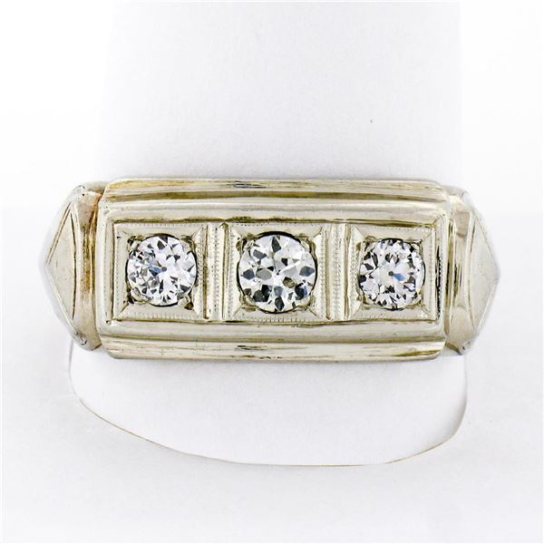 Men's Antique Art Deco 14K White Gold 0.75 ctw European Diamond 3 Stone Band Rin