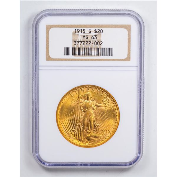 1915-S $20 Double Eagle Gold Coin NGC MS63