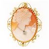 Image 1 : Large Vintage 14k TT Gold Carved Shell Cameo & Diamond Open Work Brooch Pendant