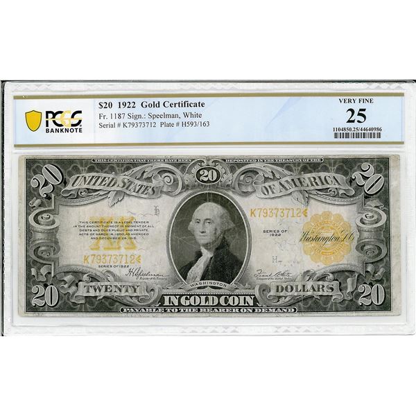 1922 $20 Gold Certificate Bank Note PCGS 25 Very Fine