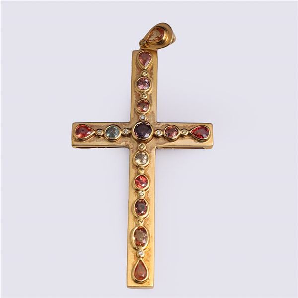 18K Yellow Gold, Sapphire & Diamond Cross Pendant by Carlo Rici