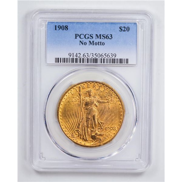 1908 $20 No Motto Double Eagle Gold Coin PCGS MS63