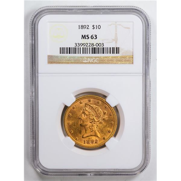 1892 $10 Eagle Gold Coin NGC MS63