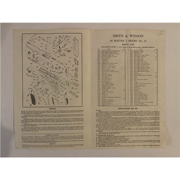 Vintage 1955 Smith & Wesson .38 Master Model No. 32 Instruction Sheet